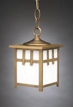Square pendant light fixture with bronze finish, hanging from a chain; white glass panels.