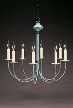 Pale blue eight-light chandelier with faux candle bulbs.