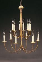 Golden chandelier with twelve candle-shaped lights against a dark background.