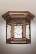 Ceiling-mounted bronze light fixture with octagonal shape, clear seeded glass panels, and a visible lightbulb.