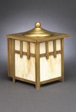 Wooden lantern with gold top, square shape, and light-colored panels.
