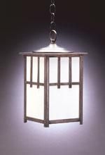 Square, Craftsman-style hanging light fixture with white glass panels and a metal frame.