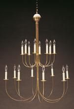 Gold chandelier with two tiers of candle-shaped lights.