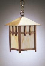 Craftsman-style hanging lantern with a square shape, wooden frame, and frosted glass panels.