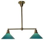 Brass ceiling light fixture with two teal cone-shaped shades.