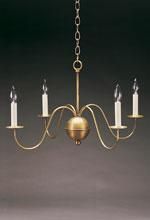 Gold chandelier with five candle-shaped lights hanging from a chain.