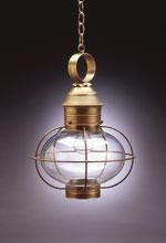 Brass and glass nautical-style pendant light, hanging from a chain.
