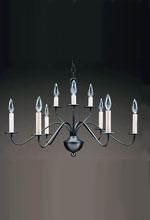Black chandelier with nine candle-shaped lights against a dark background.