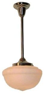 A chrome and glass pendant light fixture.