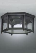 Dark metal octagonal ceiling light fixture with seeded glass panels.