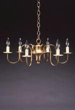 Brass chandelier with six curved arms, each holding a candle-shaped lightbulb, hanging from a chain.