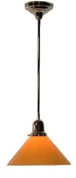 Orange cone-shaped pendant light with a chrome finish.