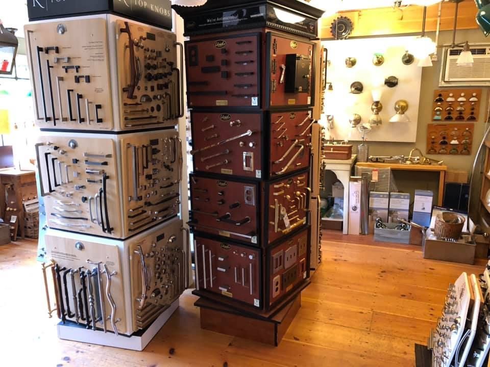 Displays of door hardware in a hardware store. 