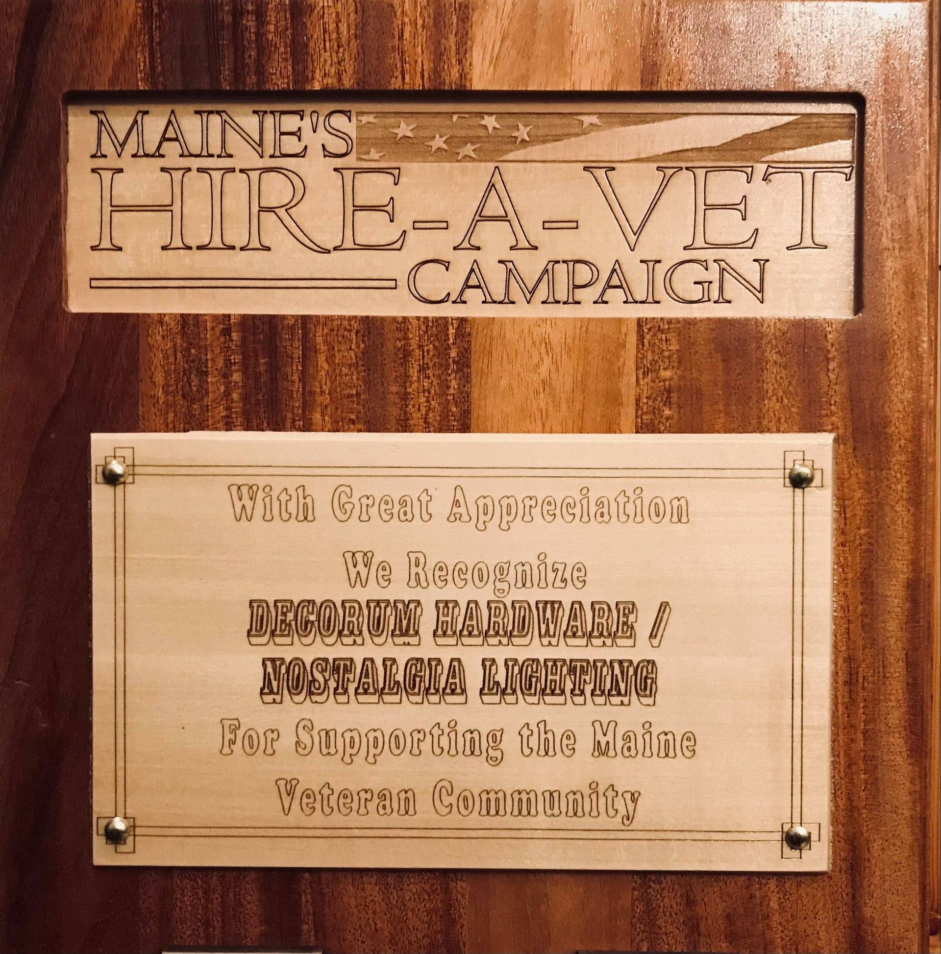 Wooden plaques for Maine's Hire-A-Vet campaign. 