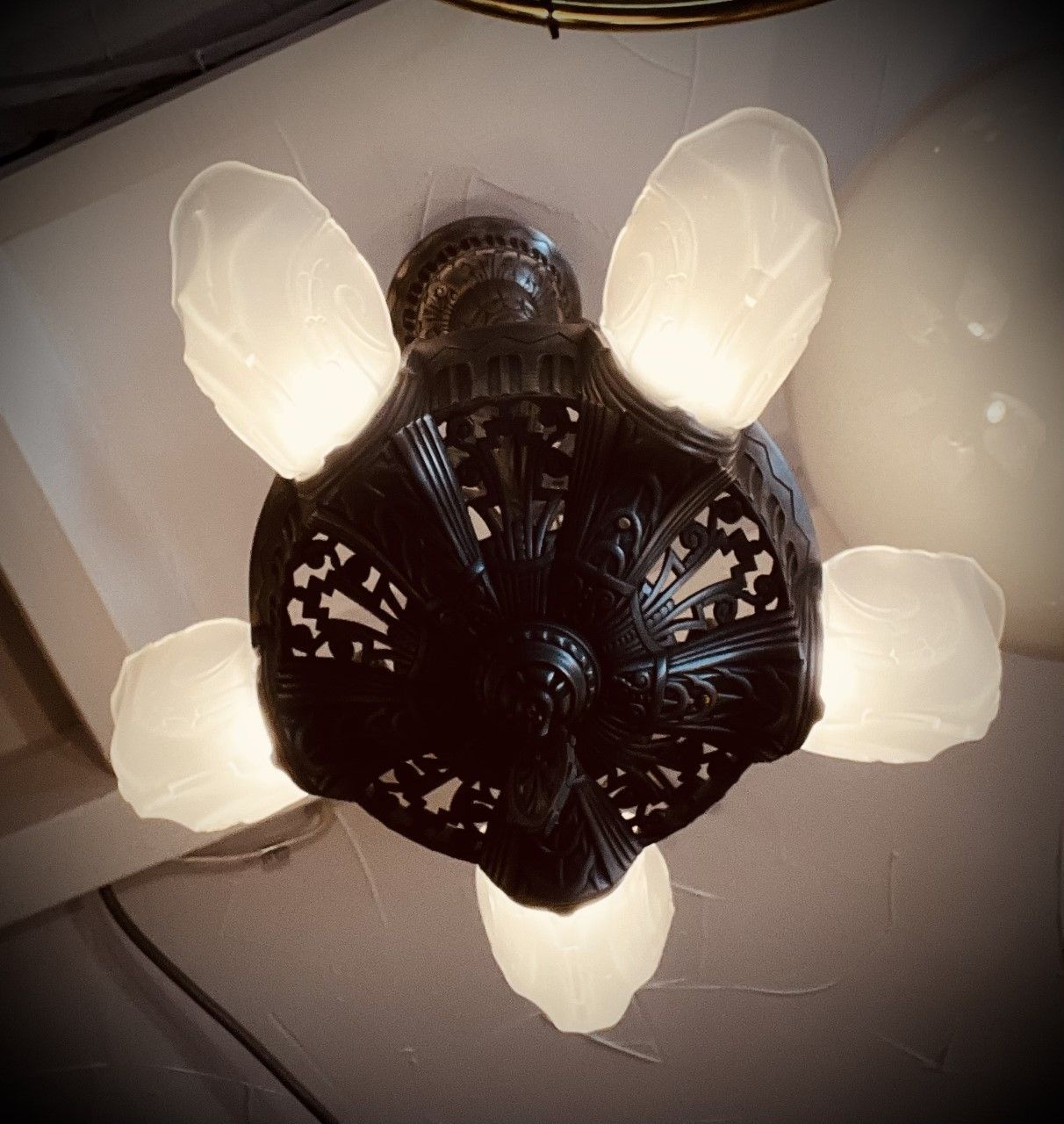 Ornate, dark metal ceiling light with five frosted, petal-shaped shades.