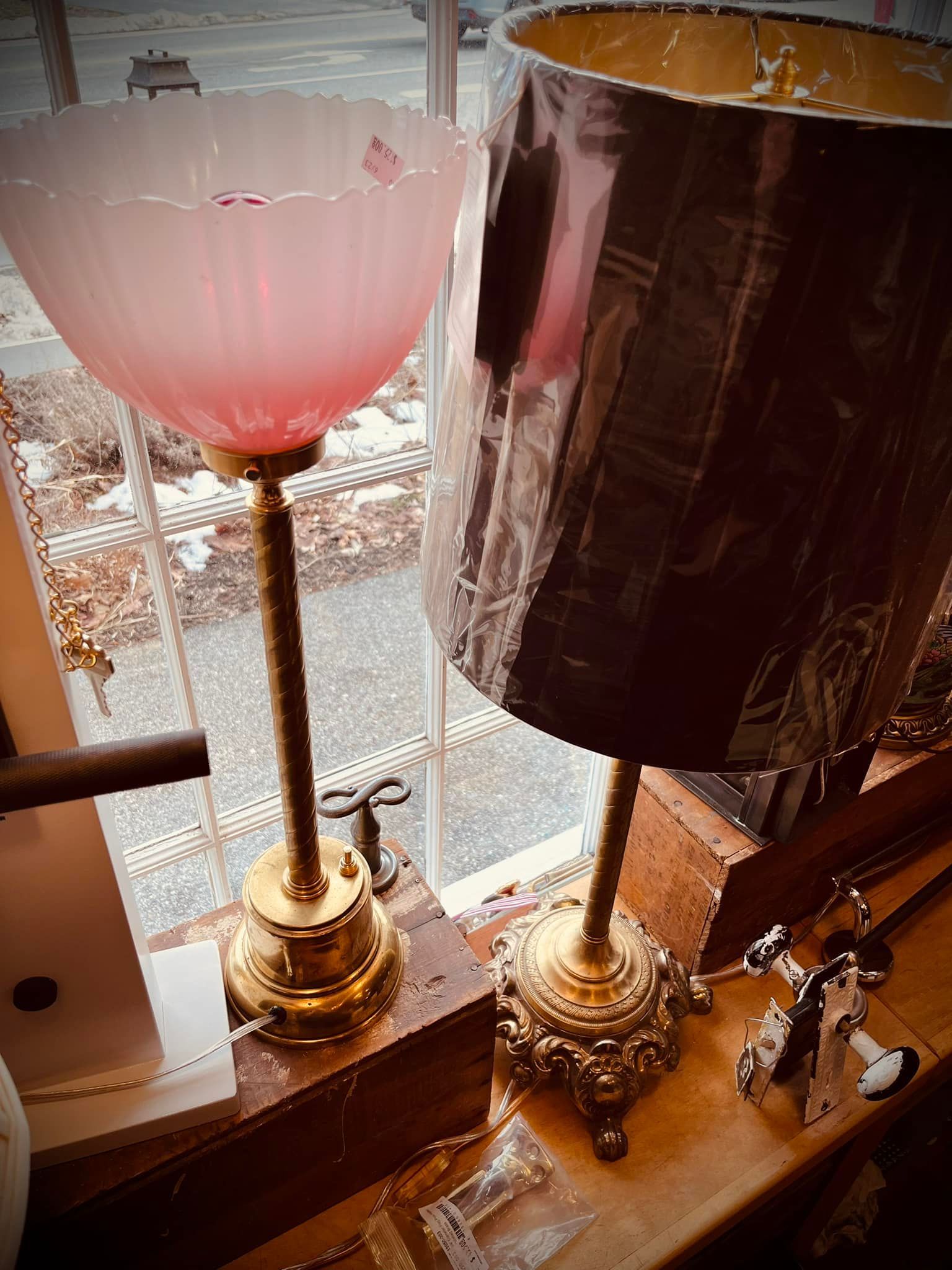 Two decorative lamps with brass bases and ornate shades sit on a windowsill.
