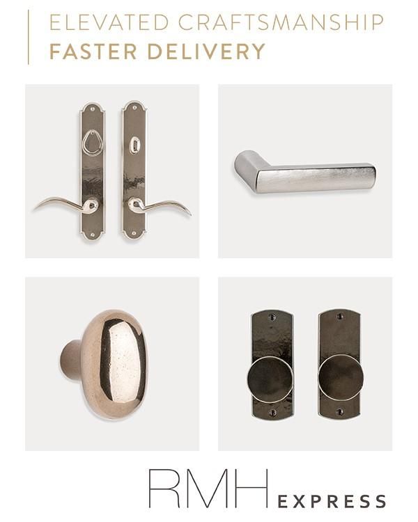 Door hardware selection: four polished metal handlesets. 