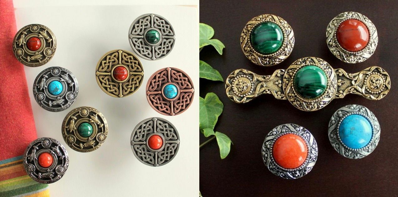 Collection of Celtic-style brooches and buttons, featuring colorful stones in gold and silver settings.