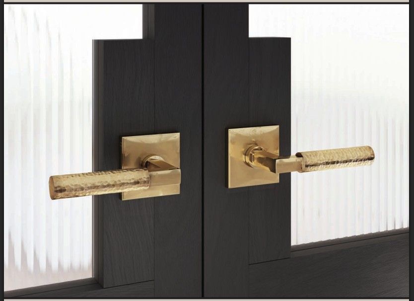 Brass door handles on black door. Frosted glass panels visible on either side.