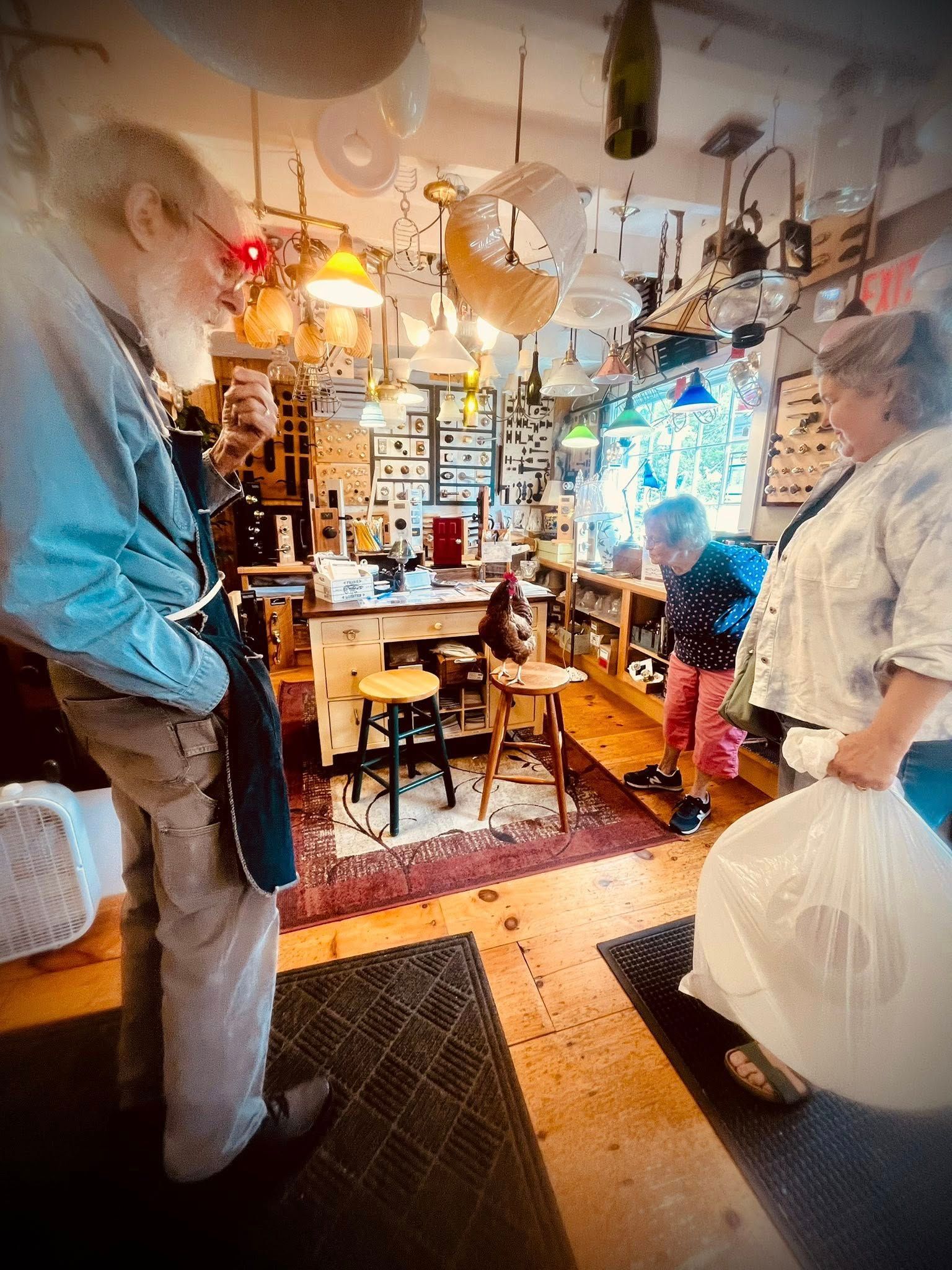 People browse a shop filled with lights and art. A man in light-colored pants and a woman holding a bag look towards a child.
