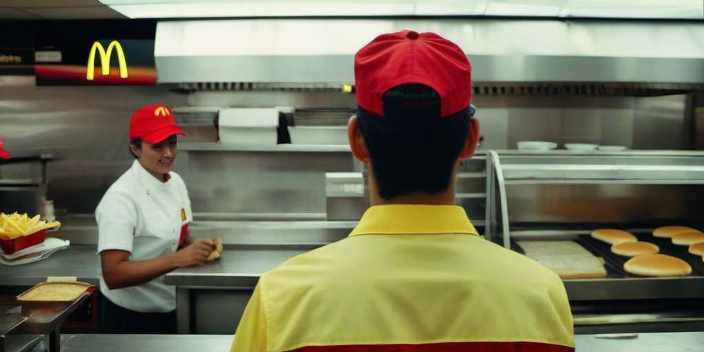 Un hombre con un sombrero rojo está parado en la cocina de un McDonald's.