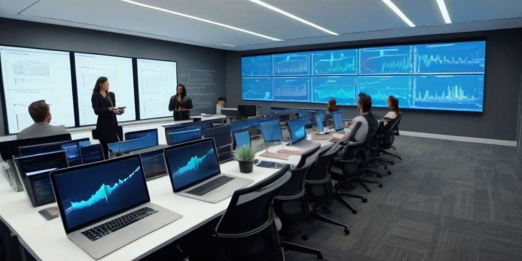 Un grupo de personas está sentada en mesas en una sala de conferencias con computadoras portátiles.