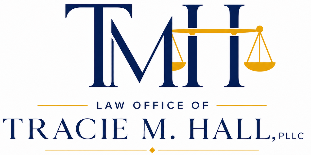 Logo for Law Office of Tracie M. Hall, PLLC, with navy initials TH and gold scales of justice