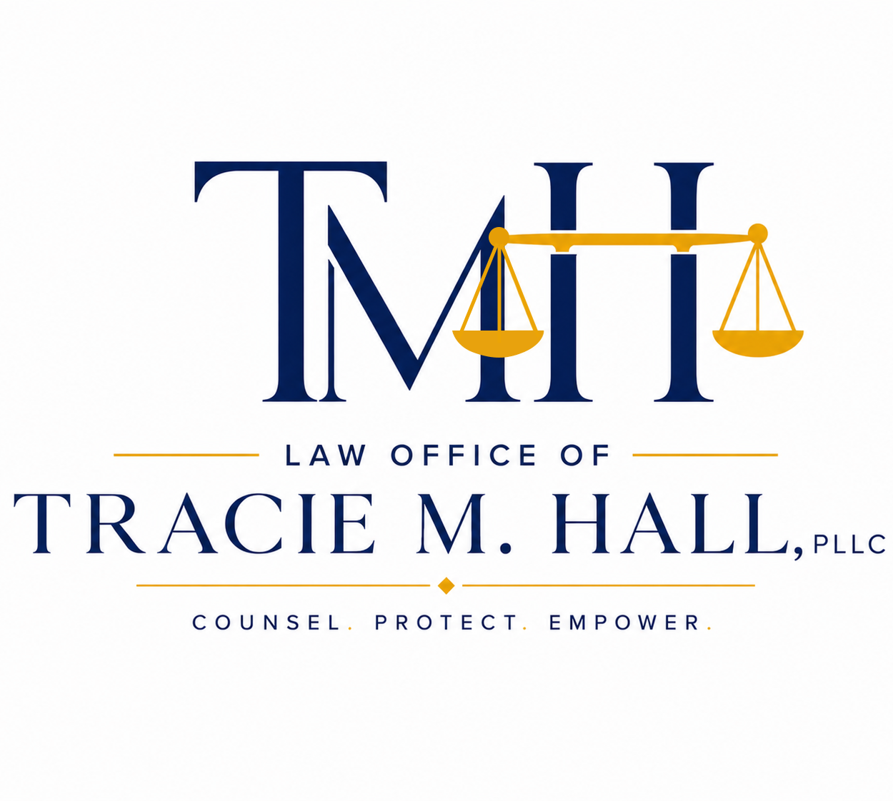 Logo for Law Office of Tracie M. Hall, PLLC, with navy initials TH and gold scales of justice