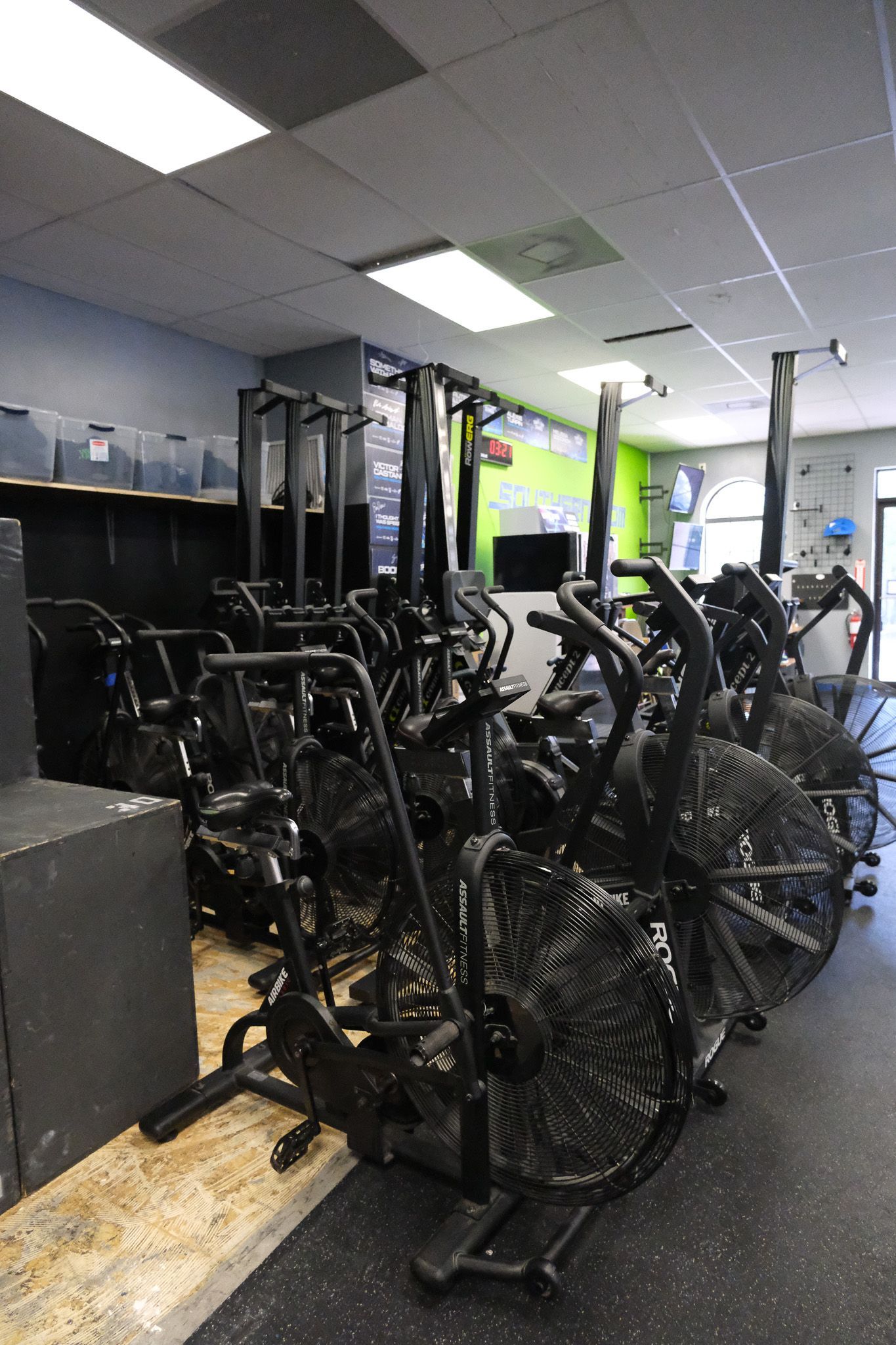 There are a lot of exercise bikes in this gym.