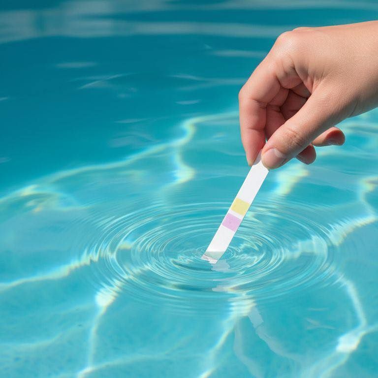 Prueba manual del agua de la piscina con una tira reactiva. La tira muestra cambios de color en el agua.
