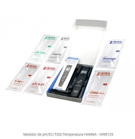 Kit medidor de pH/EC/TDS/Temperatura con varias soluciones de calibración y almacenamiento.