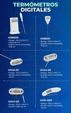 Termómetros digitales: varios modelos con especificaciones, incluidos rangos y longitudes de sonda.