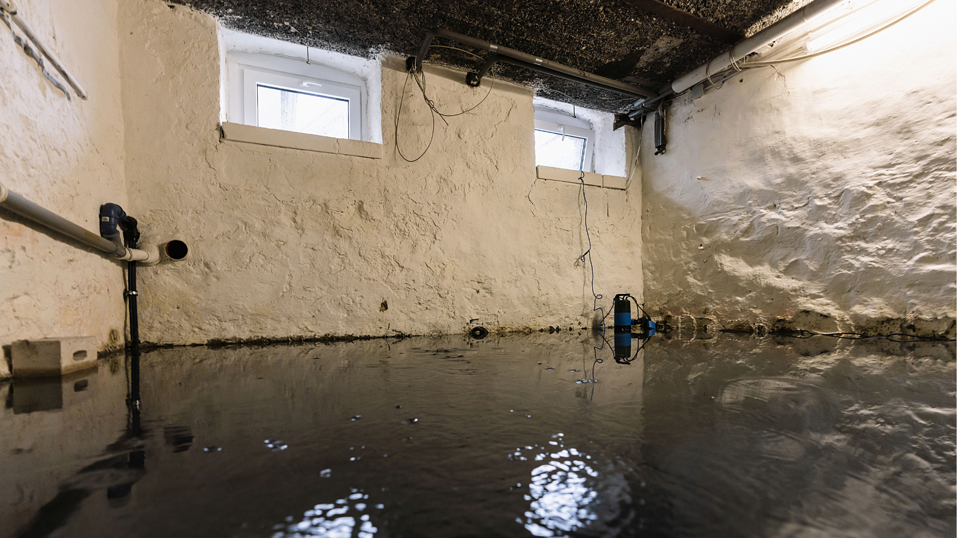 Standing water in basement, water damage