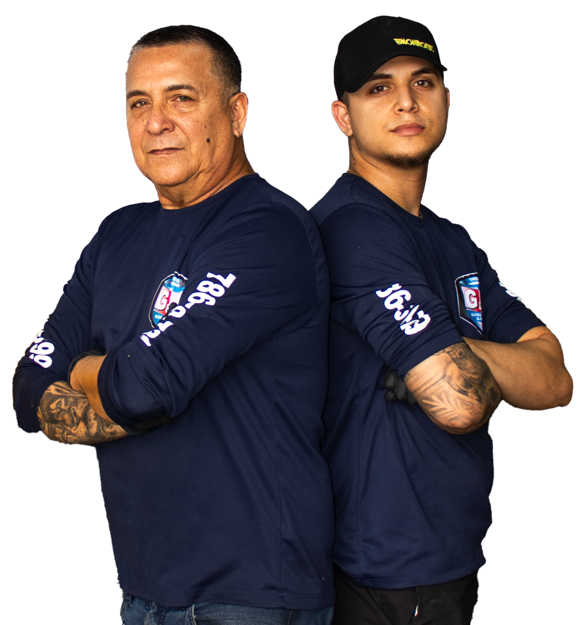 Two men are standing back to back with their arms crossed