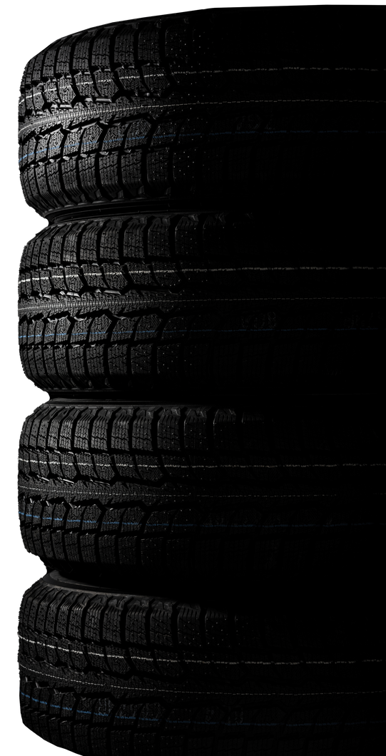 Four black tires are stacked on top of each other on a white background.