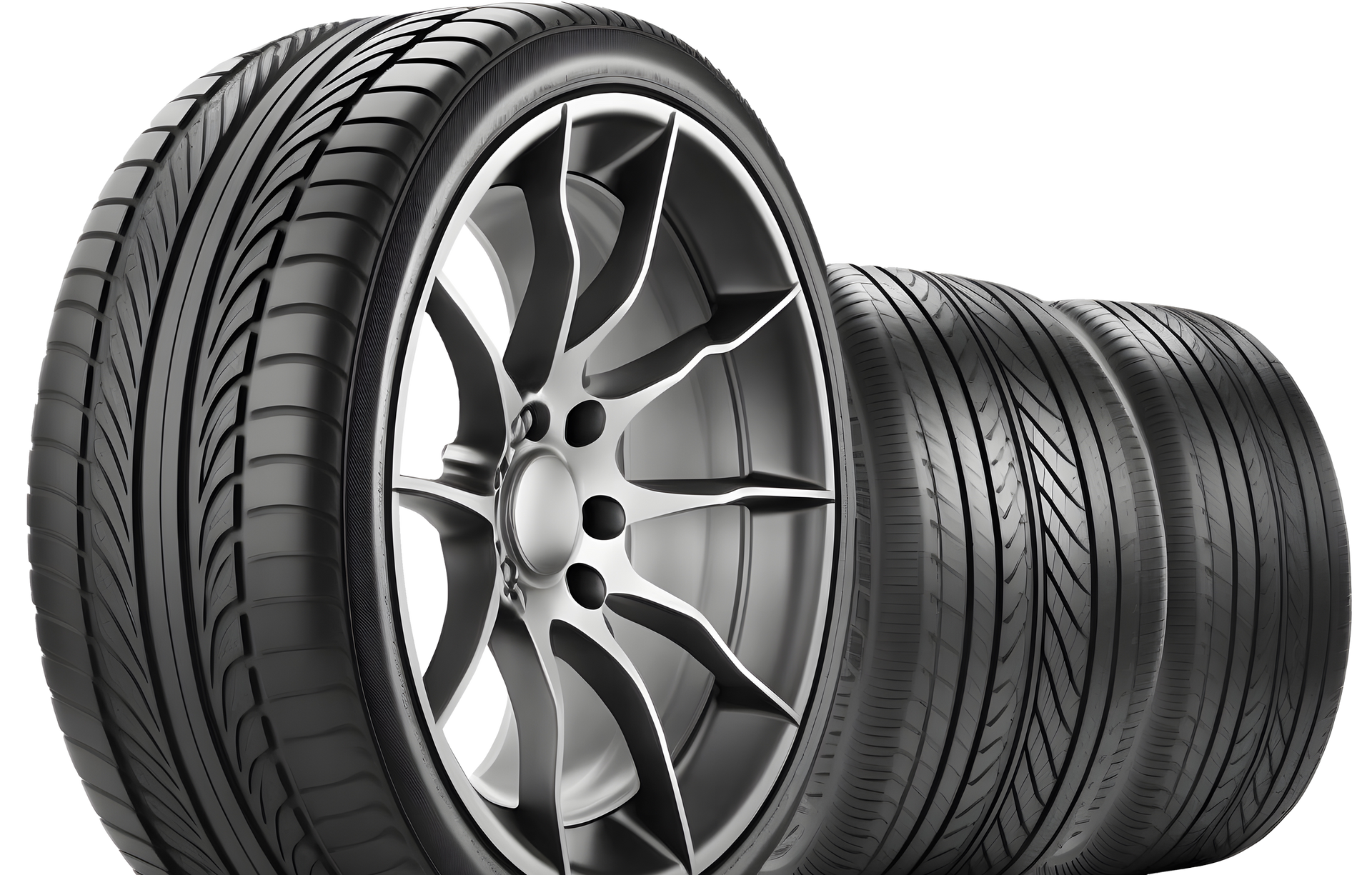 Three tires are stacked on top of each other on a white background.