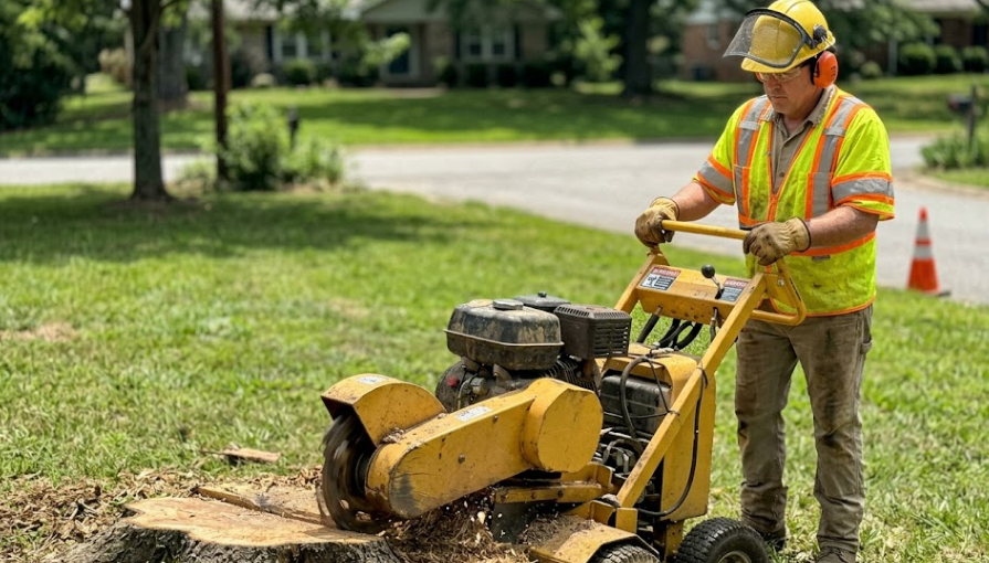 Local Spokane Arborist performing fast stump grinding services in a residential yard.