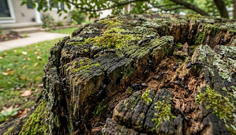 A close-up of a decaying, moss-covered tree stump in a yard, showing textured, cracked wood and light patches of lichen.