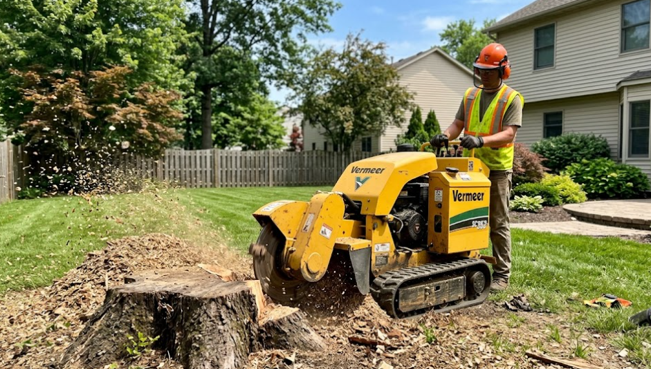 A worker in safety gear operates a yellow Vermeer stump grinder on a residential lawn, removing a tree stump.
