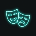 A glowing teal neon sign featuring the classic theater comedy and tragedy masks against a dark background.