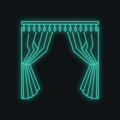 A glowing cyan neon-style outline of draped window curtains on a dark background.