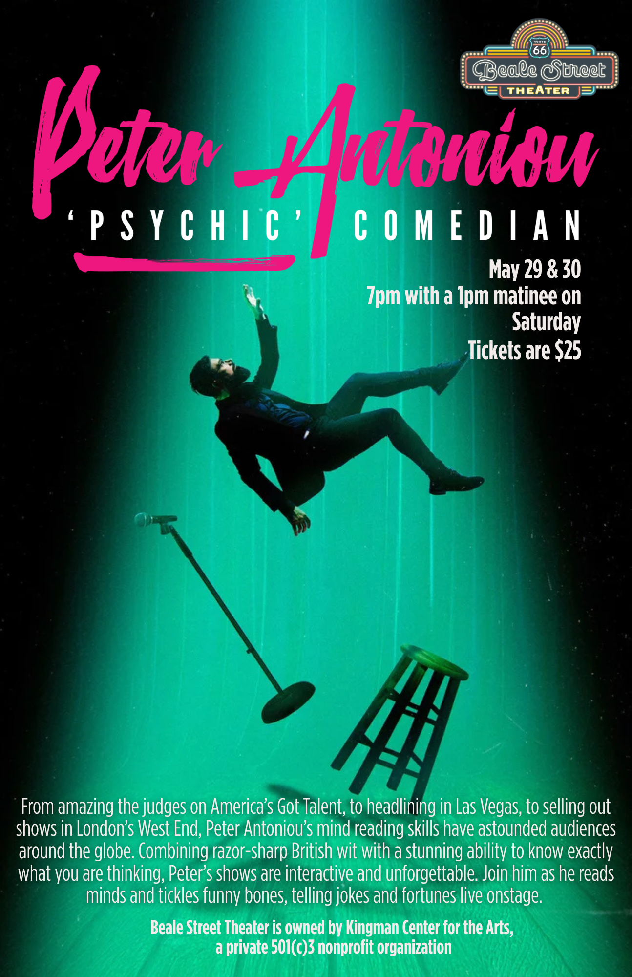 Poster: Peter Antoniou, psychic comedian. Man floating mid-air over stage.