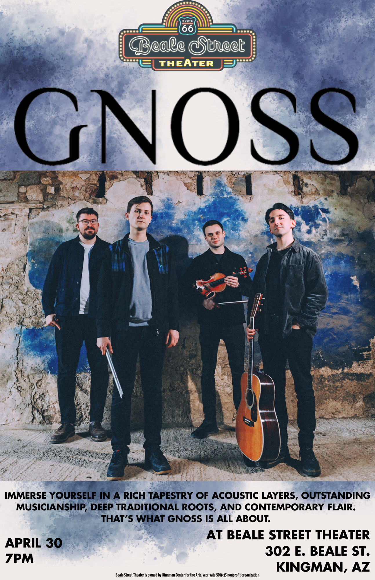 Poster for the band Gnoss at Beale Street Theater in Kingman, AZ. Band members pose in front of a blue and grey wall.
