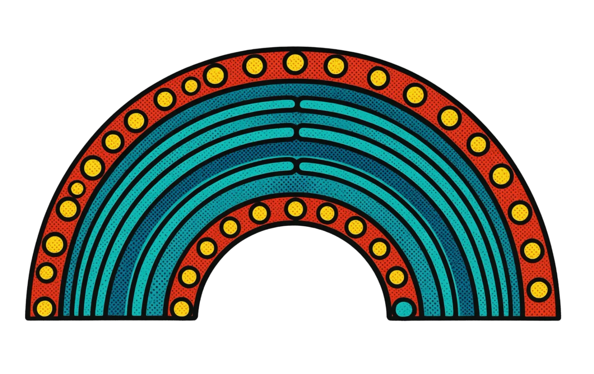 A semi-circular icon with three teal stripes bordered by a red arch featuring evenly spaced yellow dots.
