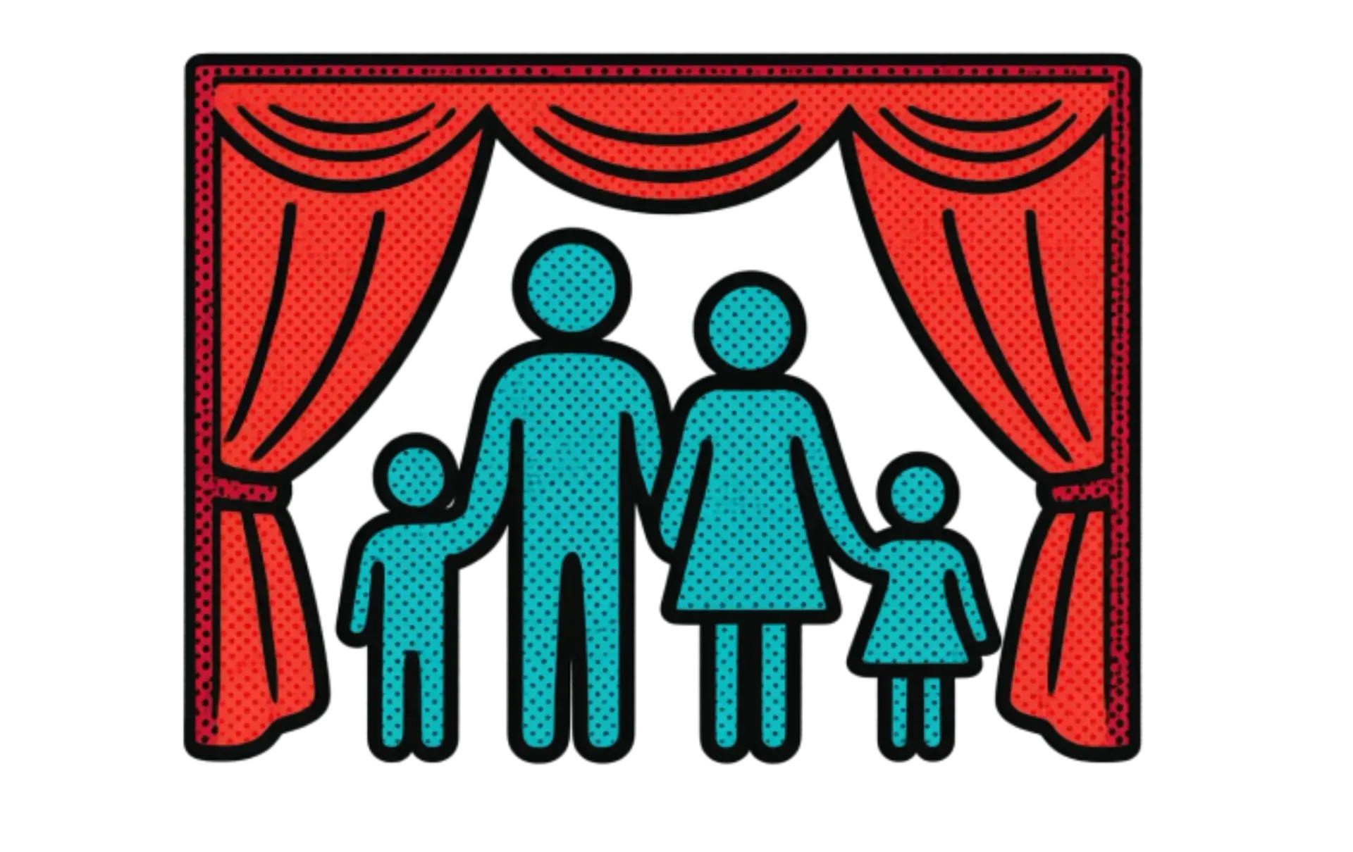 Teal icon of a four-person family standing in front of red curtains.