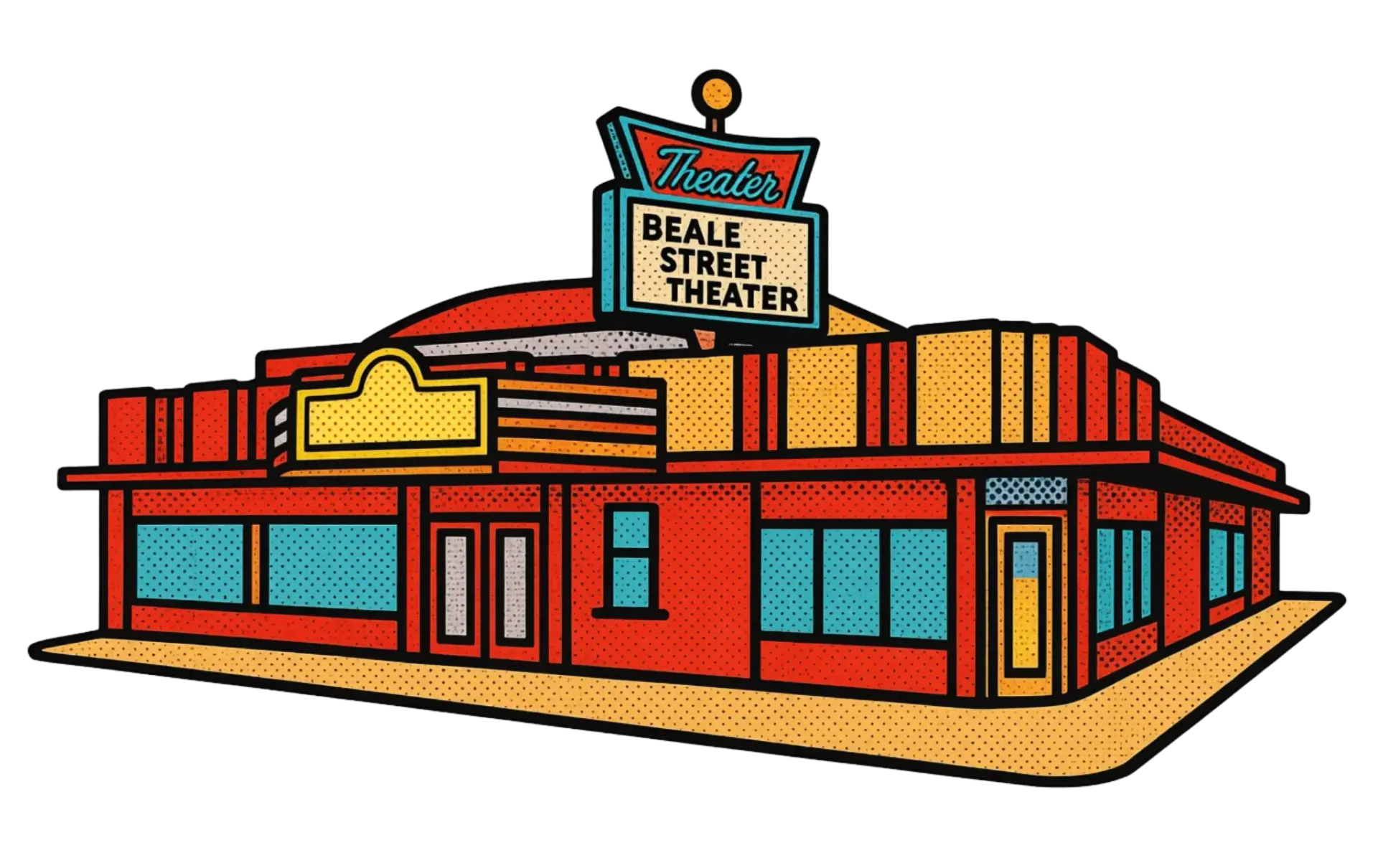 A colorful, cartoon-style illustration of the Beale Street Theater with red walls and a yellow marquee sign.