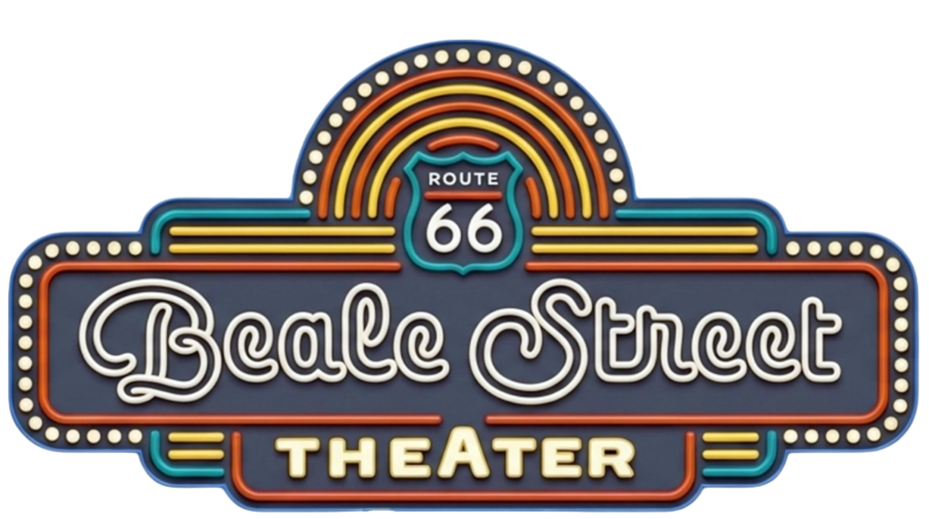 Beale Street Theater sign: retro marquee style, Route 66 emblem, orange, teal, and gold, with 