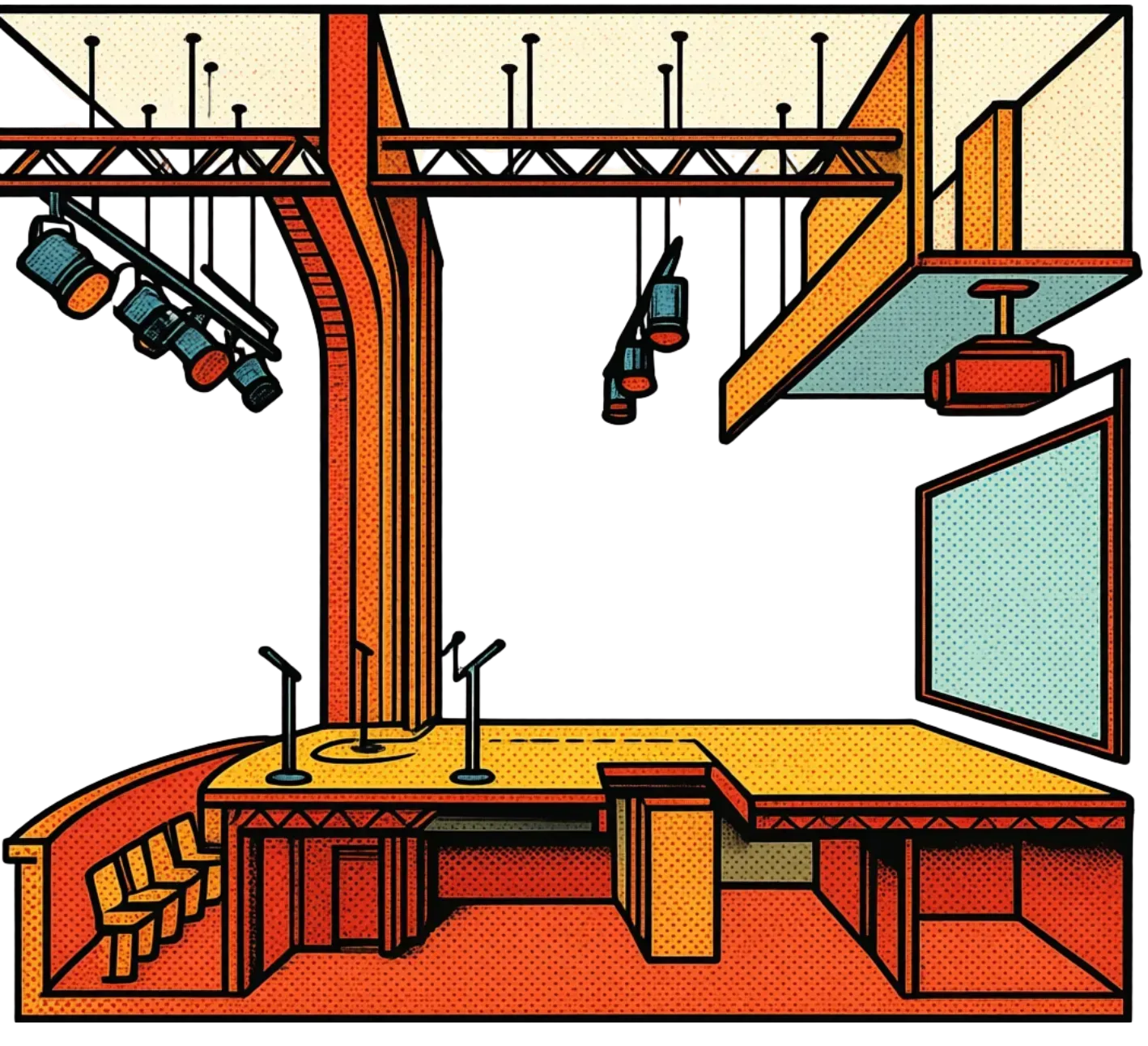 A stylized illustration of a television studio set with a stage, microphones, hanging stage lights, and a large screen.