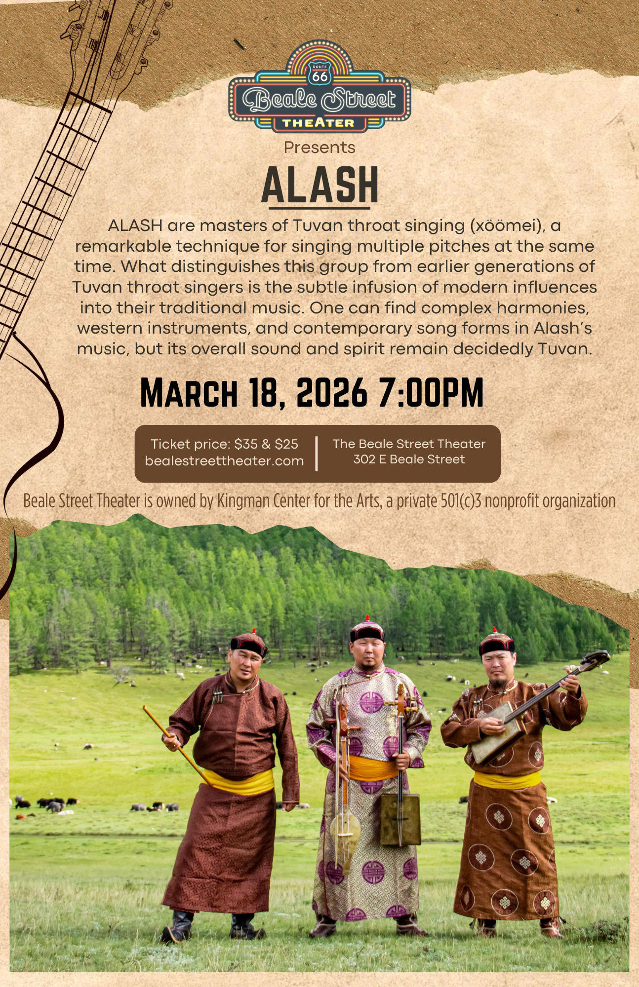 Poster for Alash concert: three men in traditional Mongolian dress against a landscape background, March 18, 2026.
