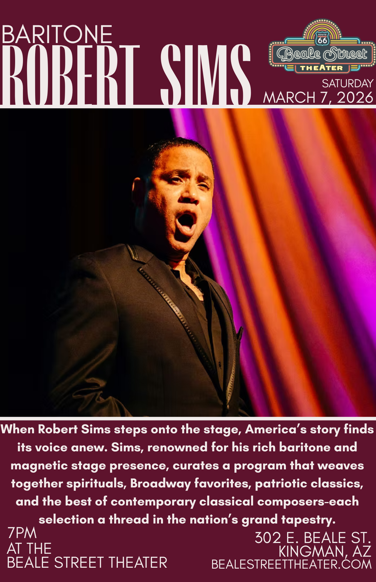 Poster for Robert Sims, a baritone, at Beale Street Theater on March 7, 2026. Man in a suit sings on stage.